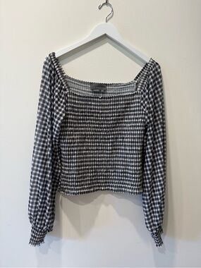 Anthropologie Black & White Smocked Gingham Long-Sleeve Top